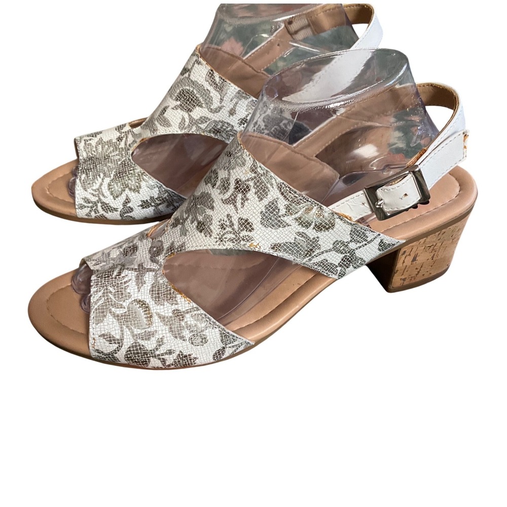 Spring‎ Step Floral Leather Block Heel Sandals Womens 41 Silver White Metallic